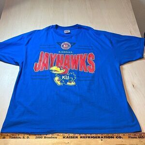 Vintage Kansas Jay Hawks T-Shirt XXL Blue 90s Baggy Single Stitch USA Hanes Heav